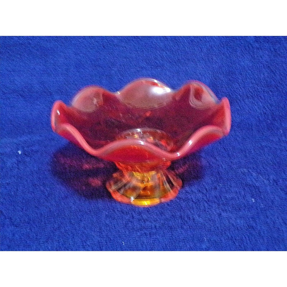 Imperial Glass Orange Yellow Footed Candy Dish Ruffled Edges Swirl Foot‎